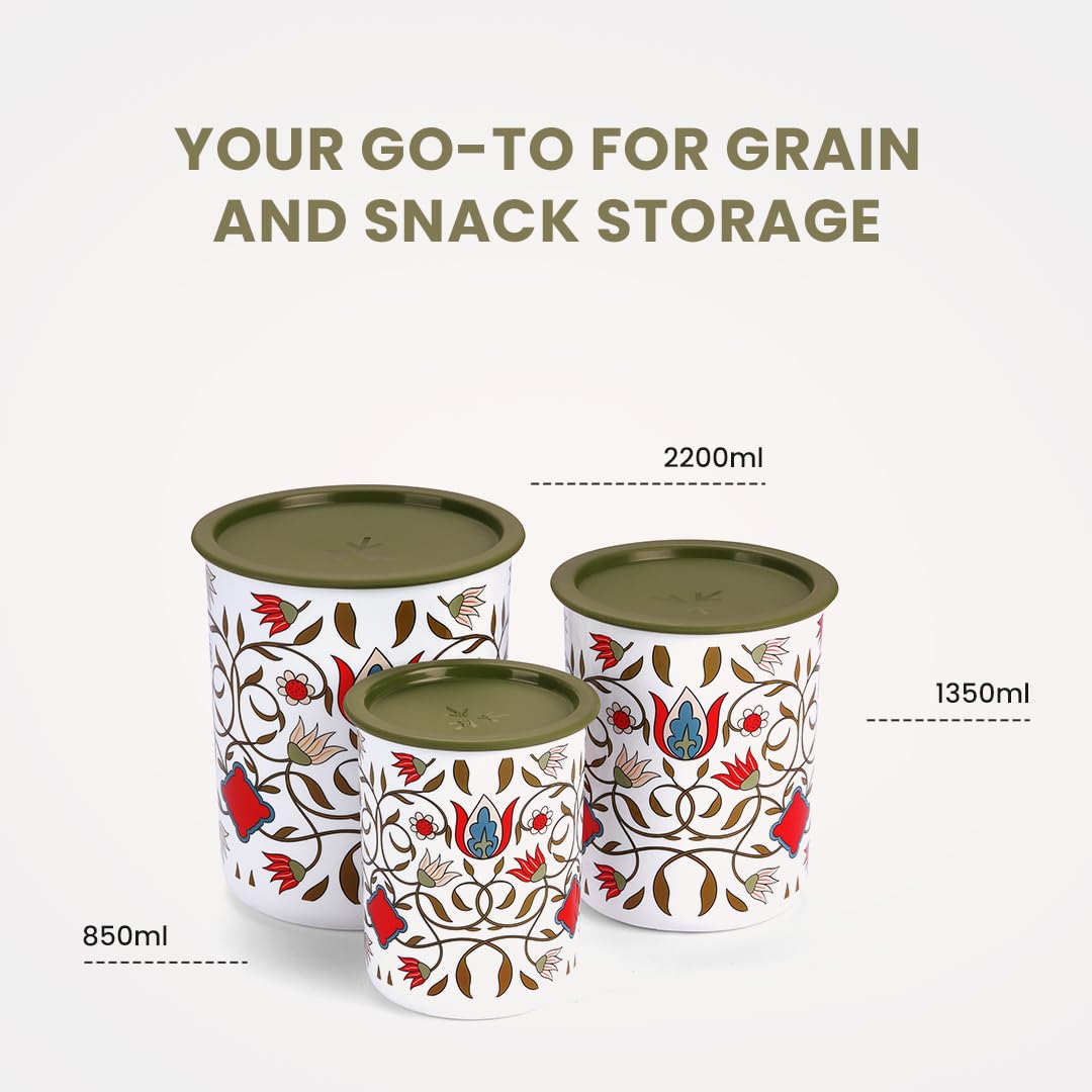 Oliveware Pasha Plastic Containers | BPA Free | For Rice, Dal, Atta & Flour | Set of 3 | Stackable Containers (2200ml, 1350ml & 850ml) (Green)