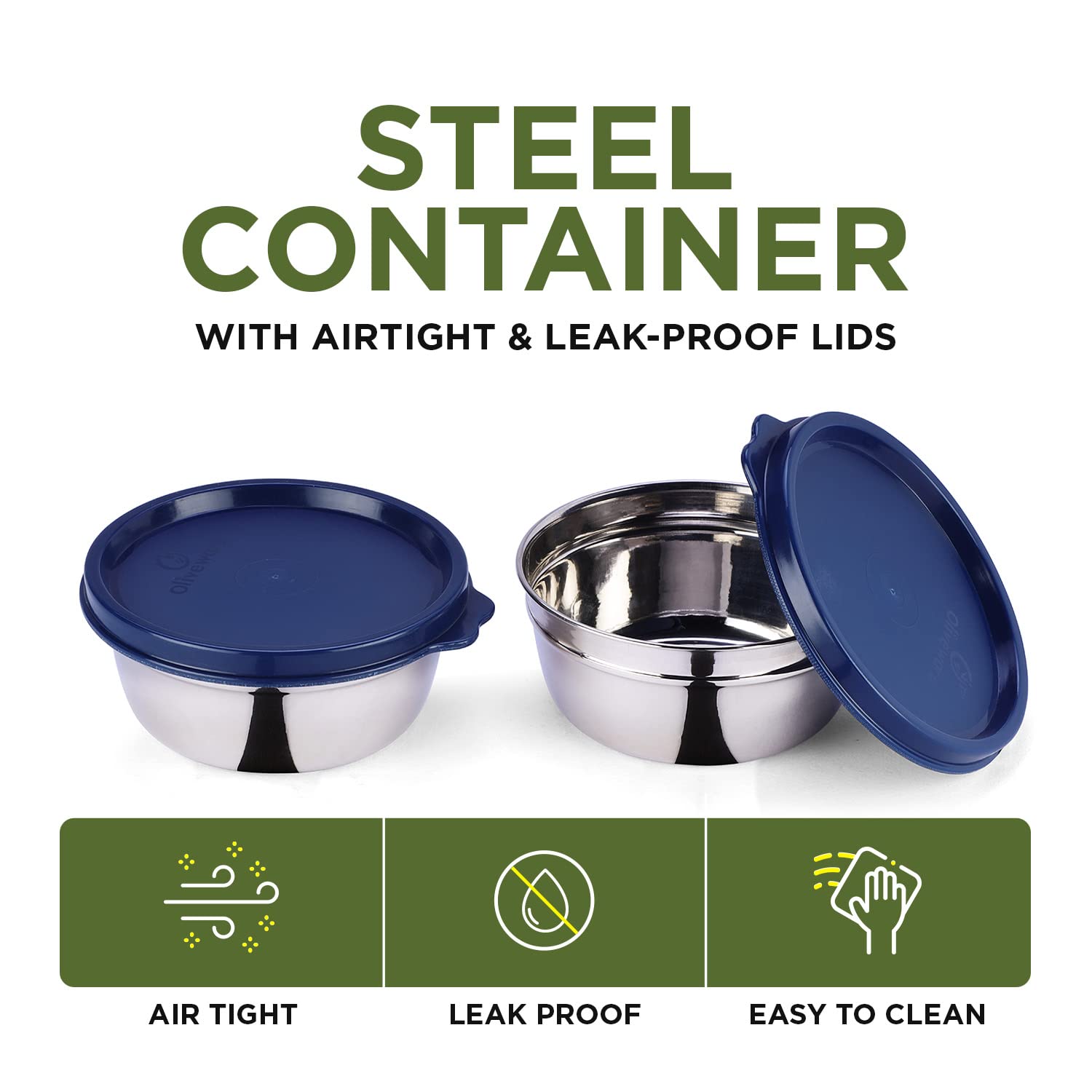 oliveware with Device Elegant Storage Containers, 100% Leak Proof & Spill Proof, 2 Stainless Steel Containers with BPA free Airtight Lid (250 ml Each) - Blue