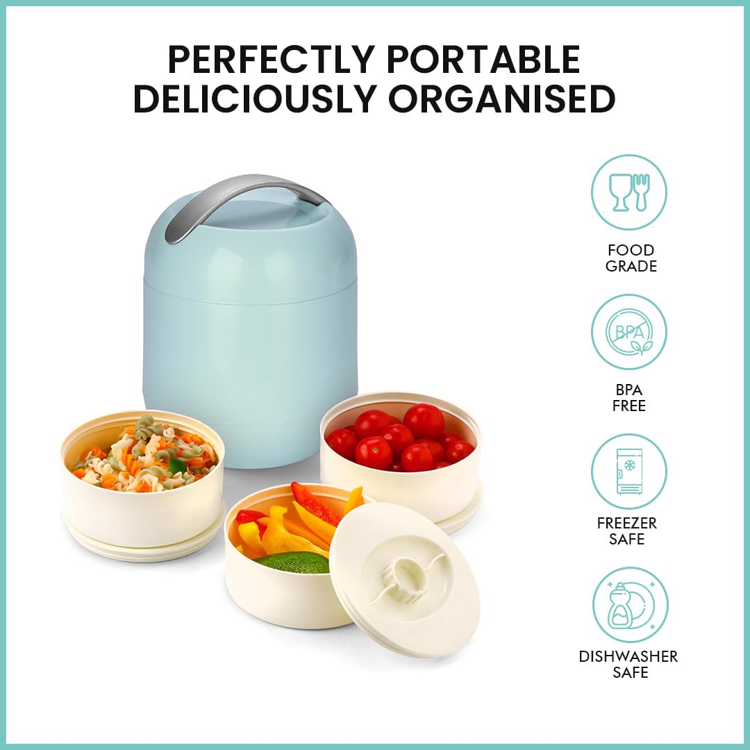 oliveware Plastic Bella Lunch Box - 3 Containers | Insulated Container | Carry Handle | Leak Proof | Complete Meal Hot Case - Blue, 300 milliliter