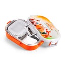 Oliveware Snacky Kids Lunch Box, Stainless Steel in 700ml Include Sabzi Container(180ml) & Steel Spoon, Food Grade BPA Free, Leak Proof & Colourful Designs (Orange)