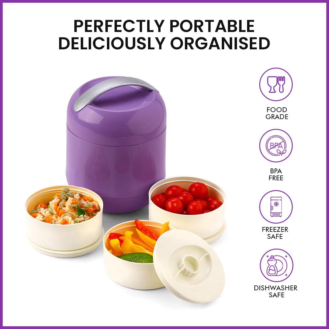 oliveware Bella Lunch Box - 3 Containers | Insulated Container | Carry Handle | Leak Proof | Complete Meal Hot Case - Violet, Plastic, 300 milliliter