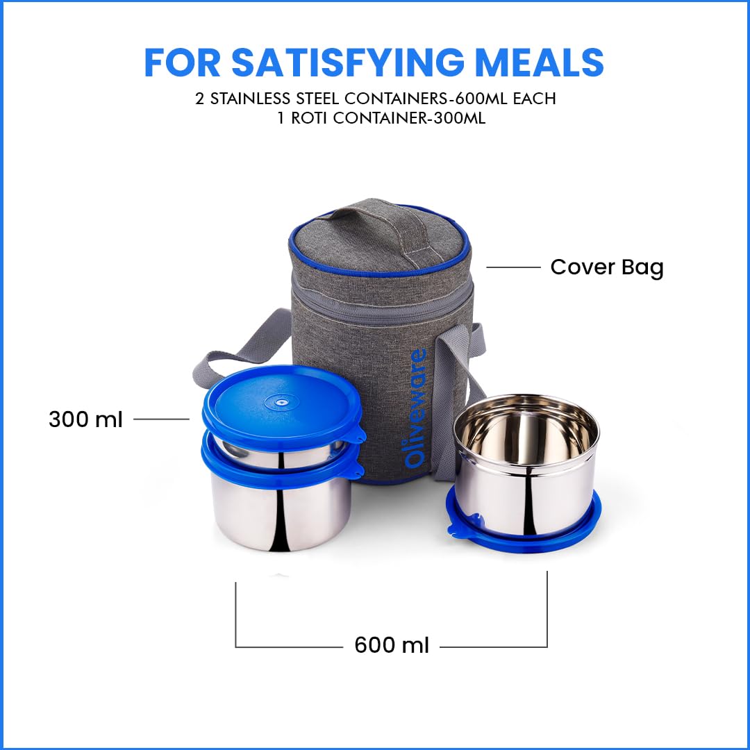 SOPL-OLIVEWARE Star Lunch Box, 100% Leak Proof, 3 Stainless Steel Containers with BPA Free Lids (600ml, 600ml & 300ml), Fabric Bag - Blue