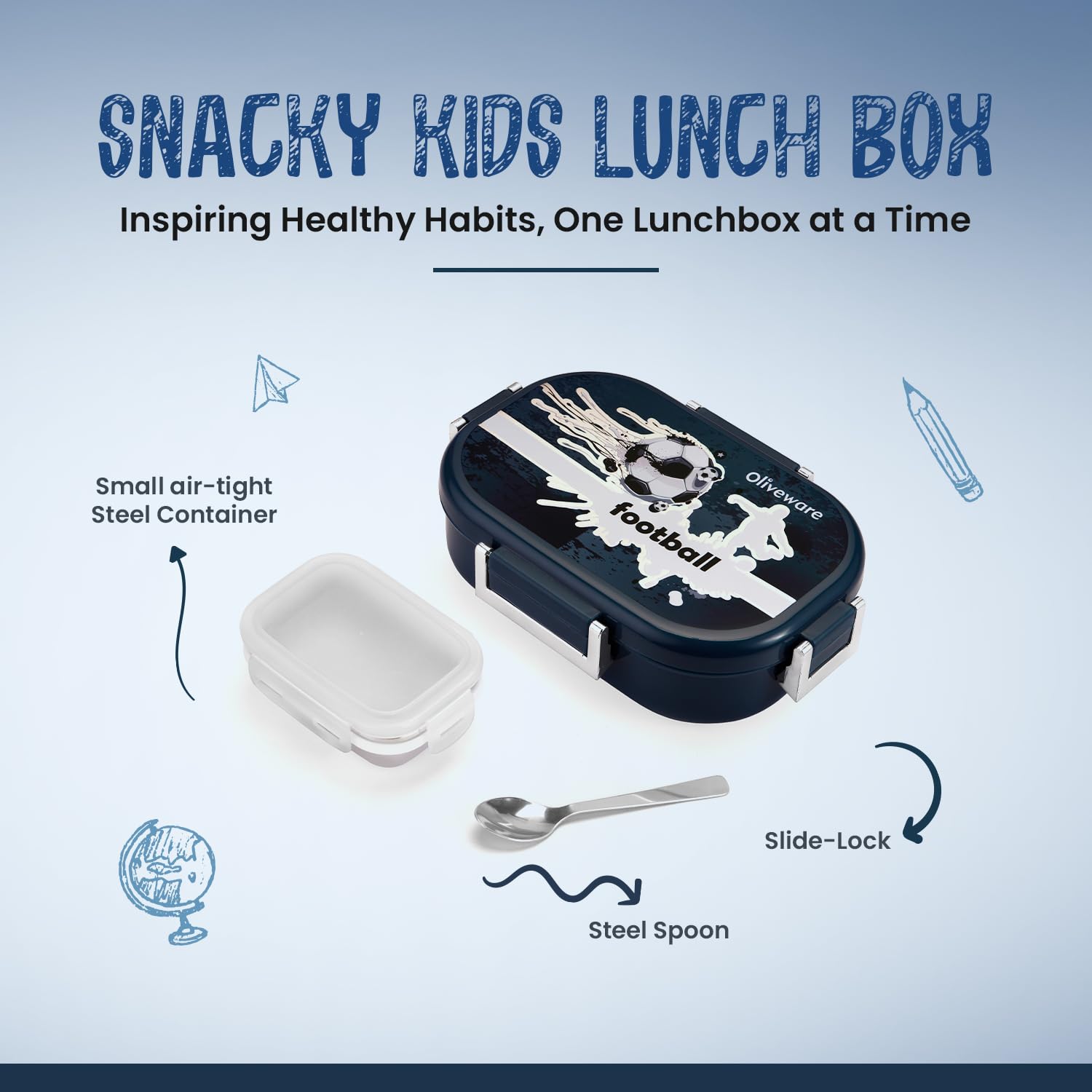 Oliveware Snacky Kids Lunch Box, Stainless Steel in 700ml Include Sabzi Container(180ml) & Steel Spoon, Food Grade BPA Free, Leak Proof & Colourful Designs (BlueFire)