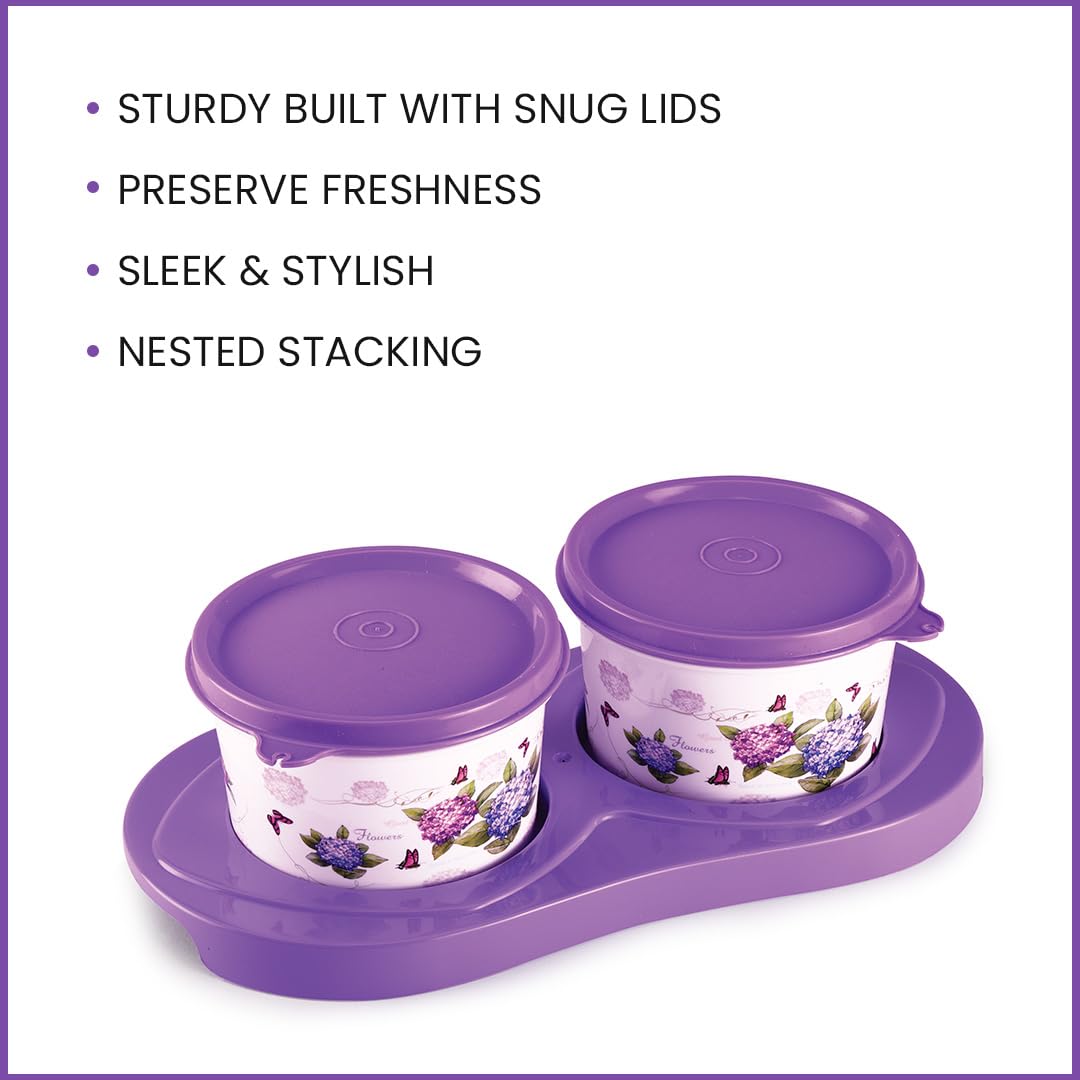 oliveware Breeze Floral Print Serving Container & Tray With Airtight Lid, BPA Free, 2 Containers (500ml) each, For Snacks & Dry Fruits - Voilet