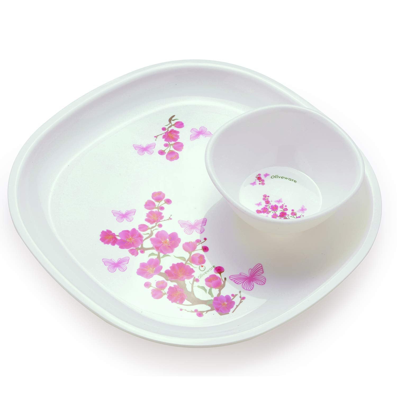 oliveware Plastic Flora Dinner Set | Microwave Safe | Dishwasher Safe | BPA-free | for Heating & Serving | for Breakfast, Lunch, Dinner - (Pink, 4 Plates + 4 Bowls)