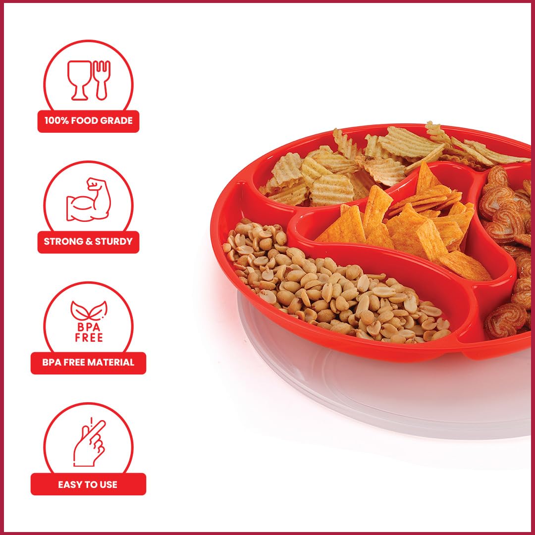 oliveware Majestic Snaks & Dry Fruit Candy Tray with Airtight Lid, BPA Free Plastic, 4 compartments (4x300 ml), Store & Serve - Red