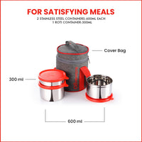 SOPL-OLIVEWARE Star Lunch Box, 100% Leak Proof, 3 Stainless Steel Containers with BPA Free Airtight Lids (600ml, 600ml & 300ml), Fabric Bag - Red