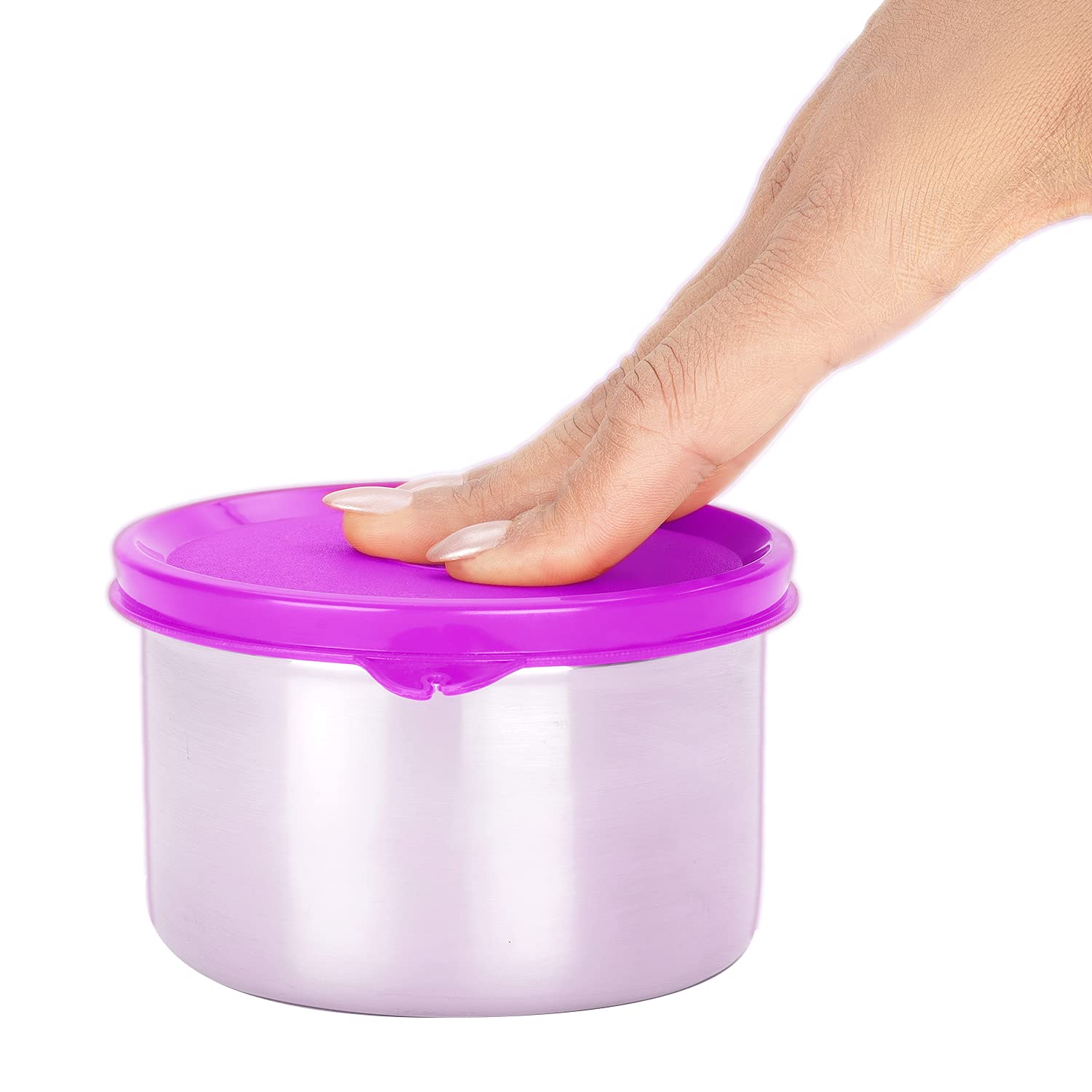 oliveware Magic Storage Containers, 100% Leak Proof and Spill Proof, 2 Stainless Steel Containers with BPA Free Airtight Lid (600ml Each) - Voilet