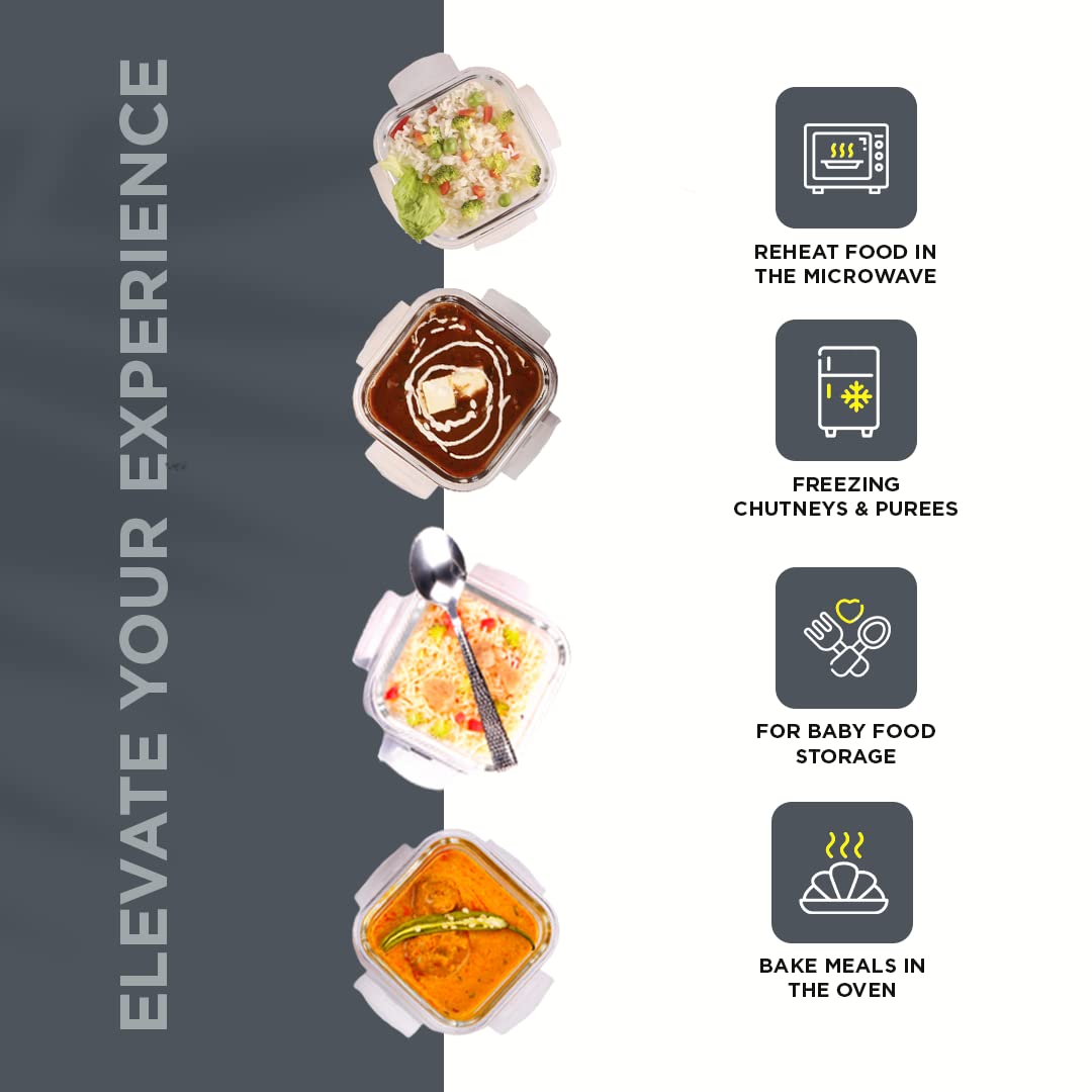 SOPL-OLIVEWARE Elite Glassware Sqaure Lunchbox, Napkin & Steel Cutlery, Borosilicate Glass & Microwave Proof, 4 Cointainer with 320ml Each - Grey