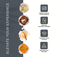 SOPL-OLIVEWARE Elite Glassware Sqaure Lunchbox, Napkin & Steel Cutlery, Borosilicate Glass & Microwave Proof, 4 Cointainer with 320ml Each - Grey