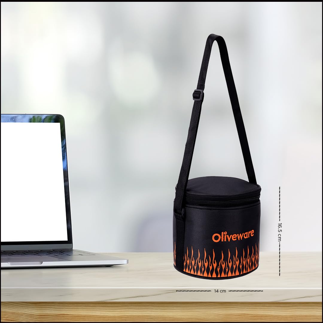 SOPL-OLIVEWARE Sizzle Glassware Round Lunchbox, Borosilicate Glass Containers, Microwave Safe & Leak Proof, 2 Containers with BPA Free Lids (400ml) Each - (Fire, Black_Orange)