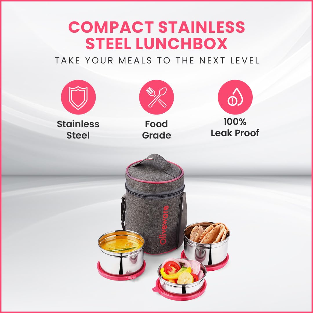 SOPL-OLIVEWARE Star Lunch Box, 100% Leak Proof, 3 Stainless Steel Containers with BPA Free Airtight Lids (600ml, 600ml & 300ml), Fabric Bag - Pink