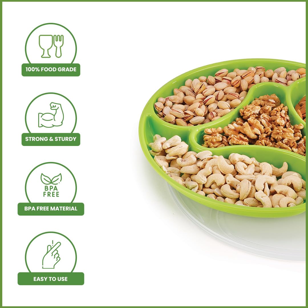 oliveware Majestic Snaks & Dry Fruit Candy Tray with Airtight Lid, BPA Free Plastic, 4 compartments (4x300 ml), Store & Serve - Green