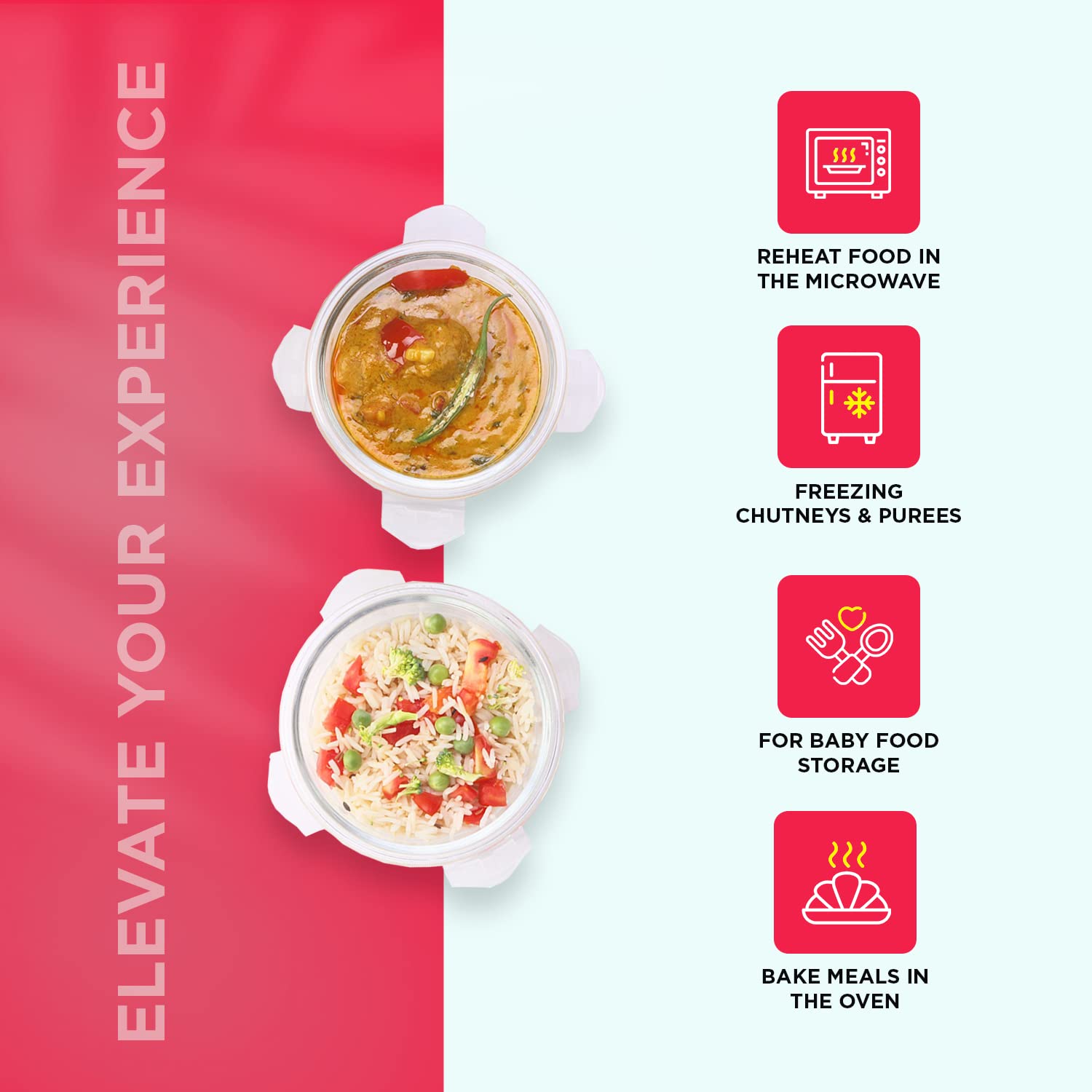 SOPL-OLIVEWARE Joy Glassware Round Lunchbox, Borosilicate Glass Containers, Microwave Safe & Leak Proof, 2 Containers with BPA Free Lids (400ml) Each - Red