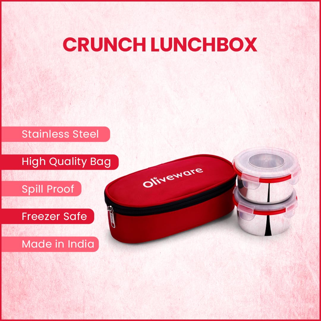 oliveware Crunch Lunch Box, 2 Stainless Steel Containers (300 ml), Leak Proof with BPA Free Air Tight Lids, Fabric Jacket - Red