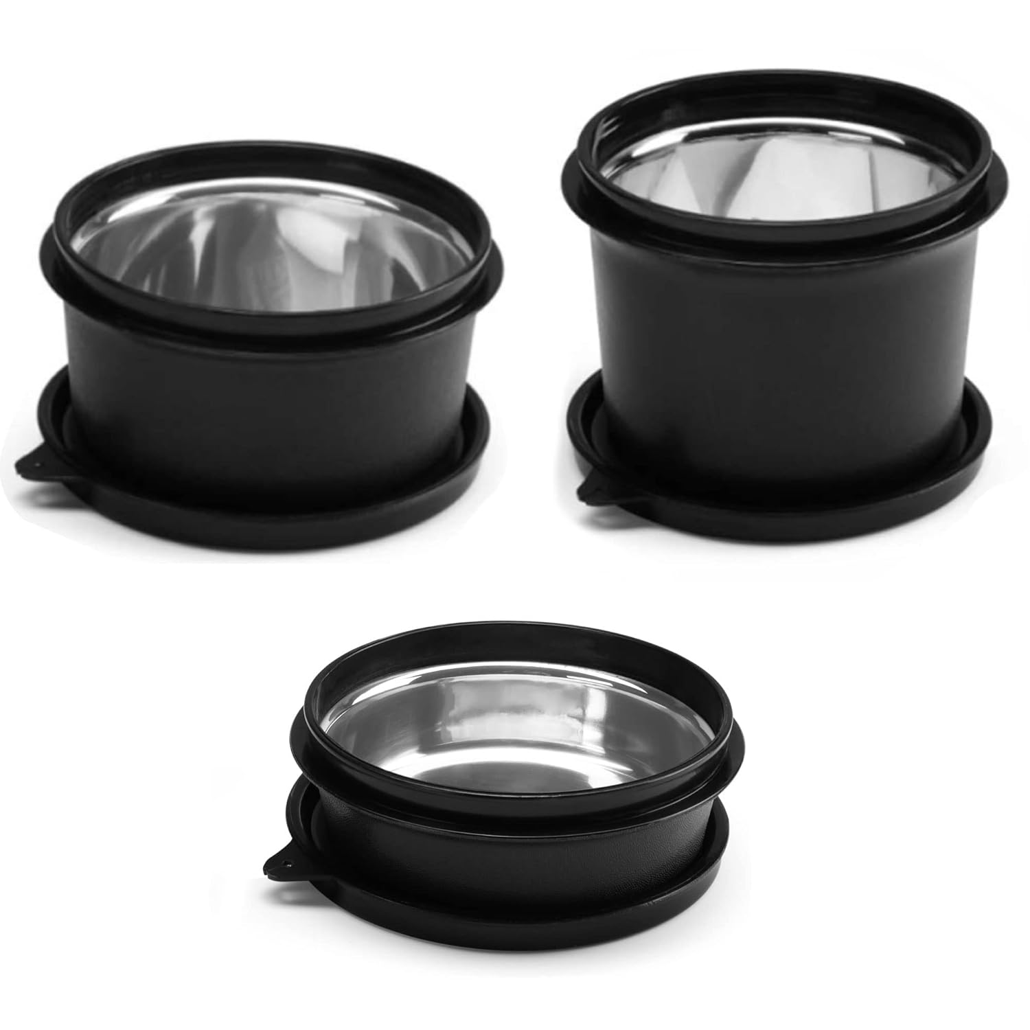 oliveware with Device Benny Microwave Containers with BPA Free Airtight Lid, Leak Proof, 3 Inner Steel Container (290 ml, 450 ml & 600 ml), Home & Office Use - Black, Plastic