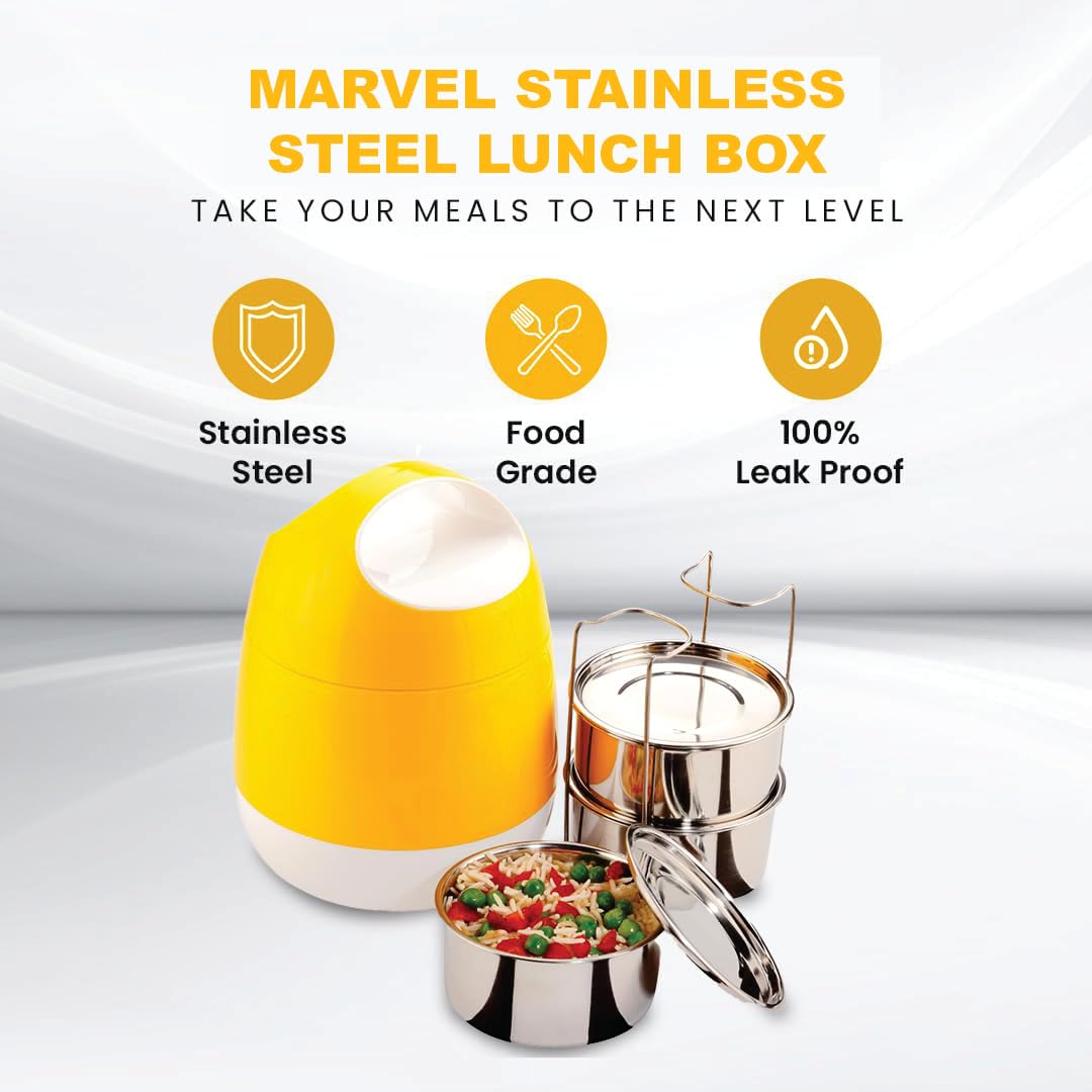 oliveware SOPL (Logo) with Device Marvel Lunch Box with Insulated Box, 3 Stainless Steel Containers 300ml Each, Leak Proof & Sturdy - Yellow