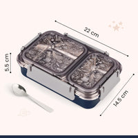 Oliveware Bento Master 2 Lunch Box | with 2 dividers | Steel Spoon | Stainless Steel | Dishwasher & Freezer Safe (Bento 2, Blue)