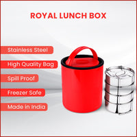 Oliveware - Royal Red Stainless Steel Lunch Box - 4 Containers Set | Offiice and Bulk Use | with Container | Full Meal | Handle to Carry with Compartments