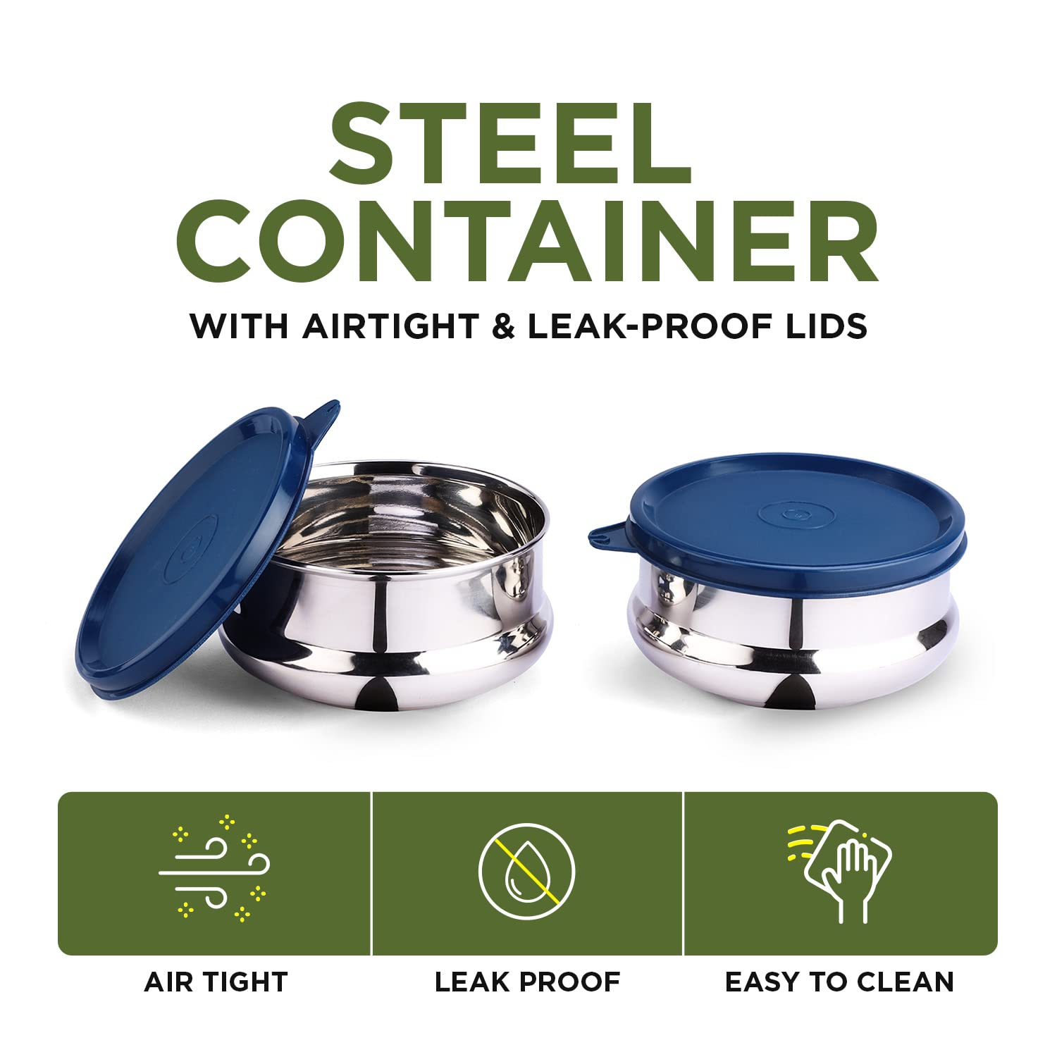 oliveware with Device Wonder Stainless Steel Containers, Leak Proof & Spill Proof, Dishwasher Safe, Set of 2 (450ml) Each - Blue