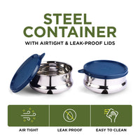 oliveware with Device Wonder Stainless Steel Containers, Leak Proof & Spill Proof, Dishwasher Safe, Set of 2 (450ml) Each - Blue