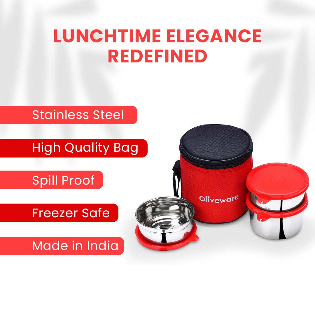 oliveware Lovely Stylo Lunch Box, Leak Proof & BPA Free Lid, 3 Stainless Steel Containers (250ml, 250ml & 500ml), Fabric Jacket - Red