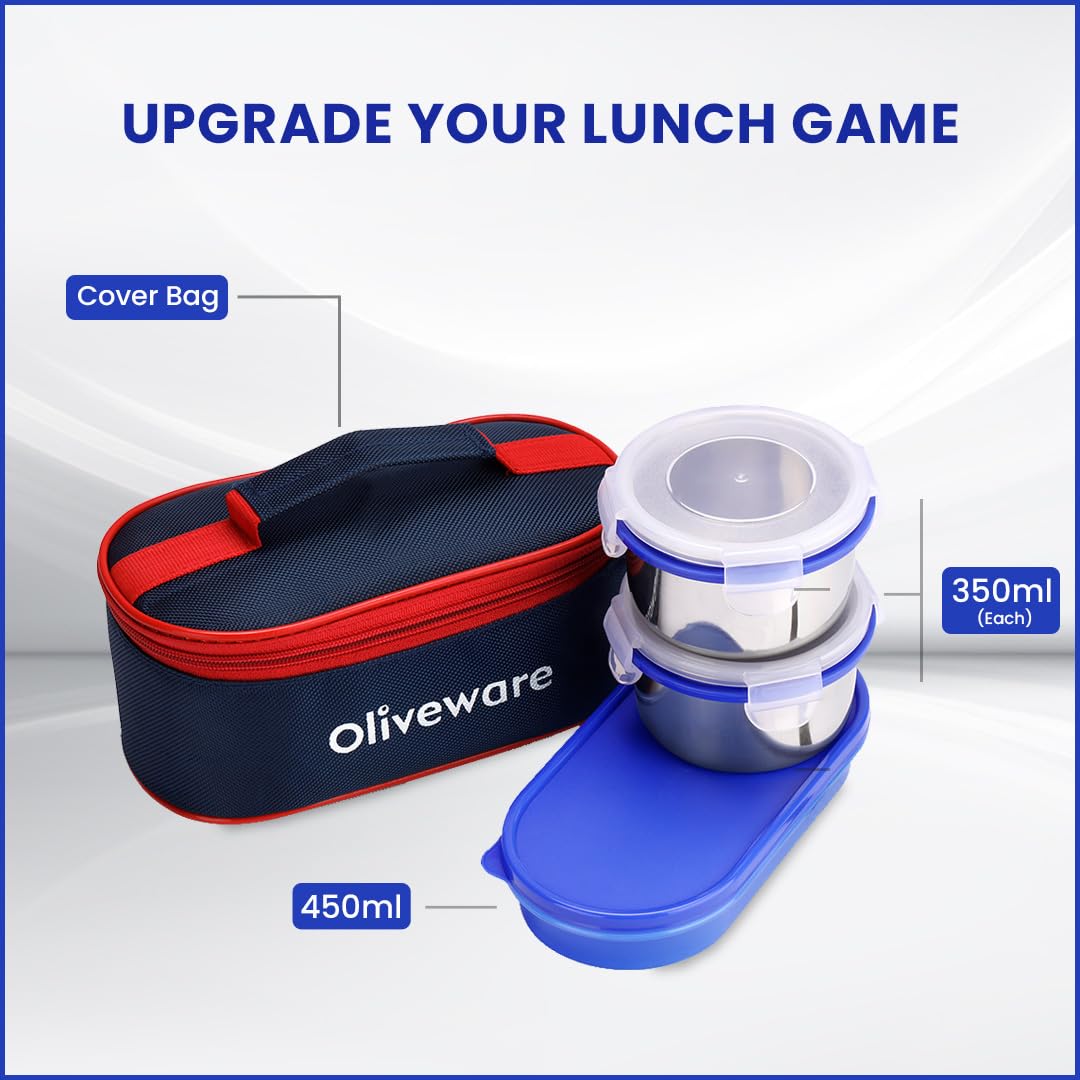 oliveware Aroma Stainless Steel Lunch Box, Leak Proof, 2 Container with BPA Free Air-Tight Lid (350ml & 350ml), Plastic Roti Box (450ml) - Blue