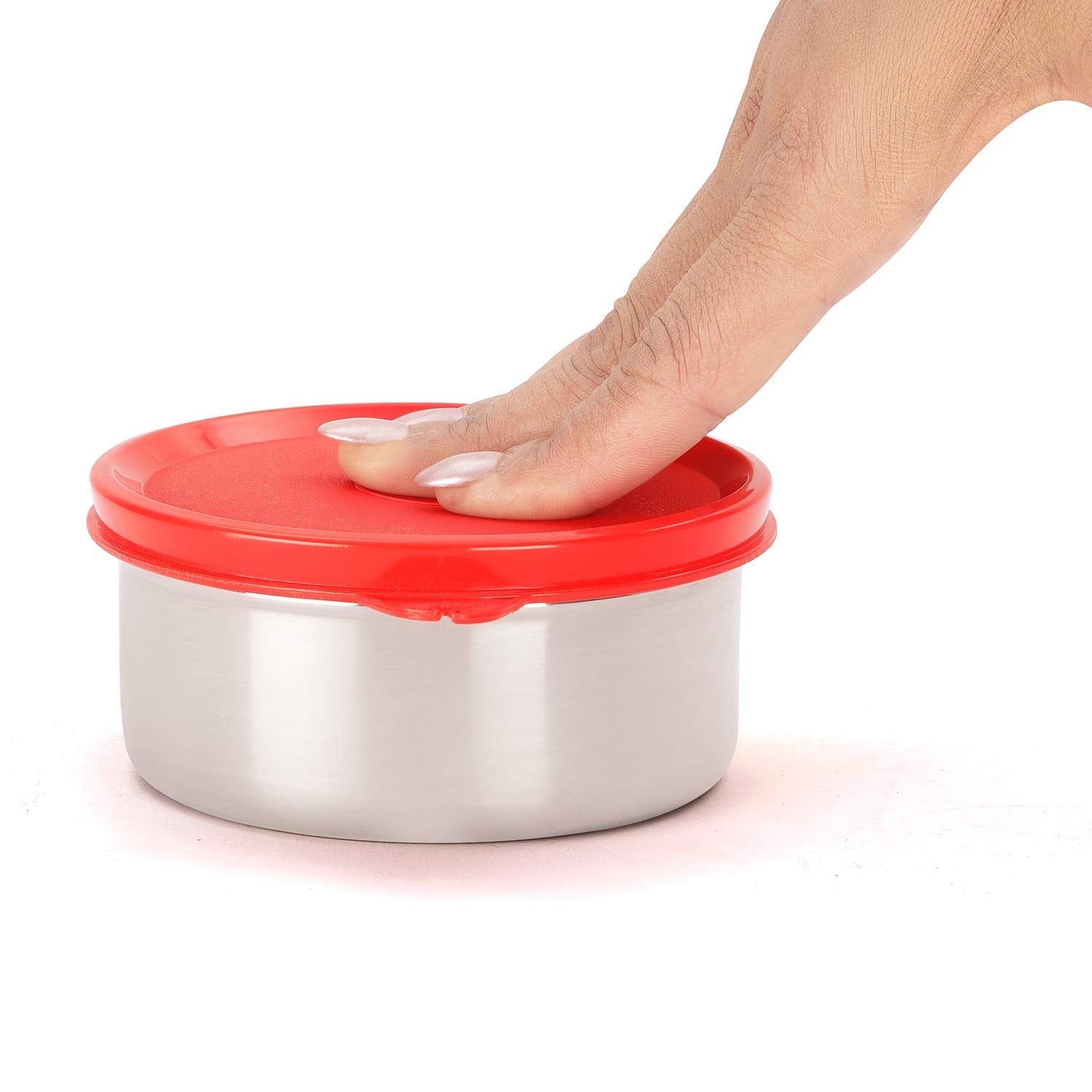 oliveware Magic Storage Containers, 100% Leak Proof and Spill Proof, 2 Stainless Steel Containers with BPA Free Airtight Lid (450ml Each) - Red