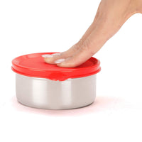 oliveware Magic Storage Containers, 100% Leak Proof and Spill Proof, 2 Stainless Steel Containers with BPA Free Airtight Lid (450ml Each) - Red