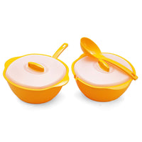 oliveware Diplomat Serving Bowl Set - 2000ml | 2 Bowls with lid and Serving Spoons | Microwave Safe | for Heating & Serving| for Breakfast, Lunch, Dinner - Yellow (Plastic)