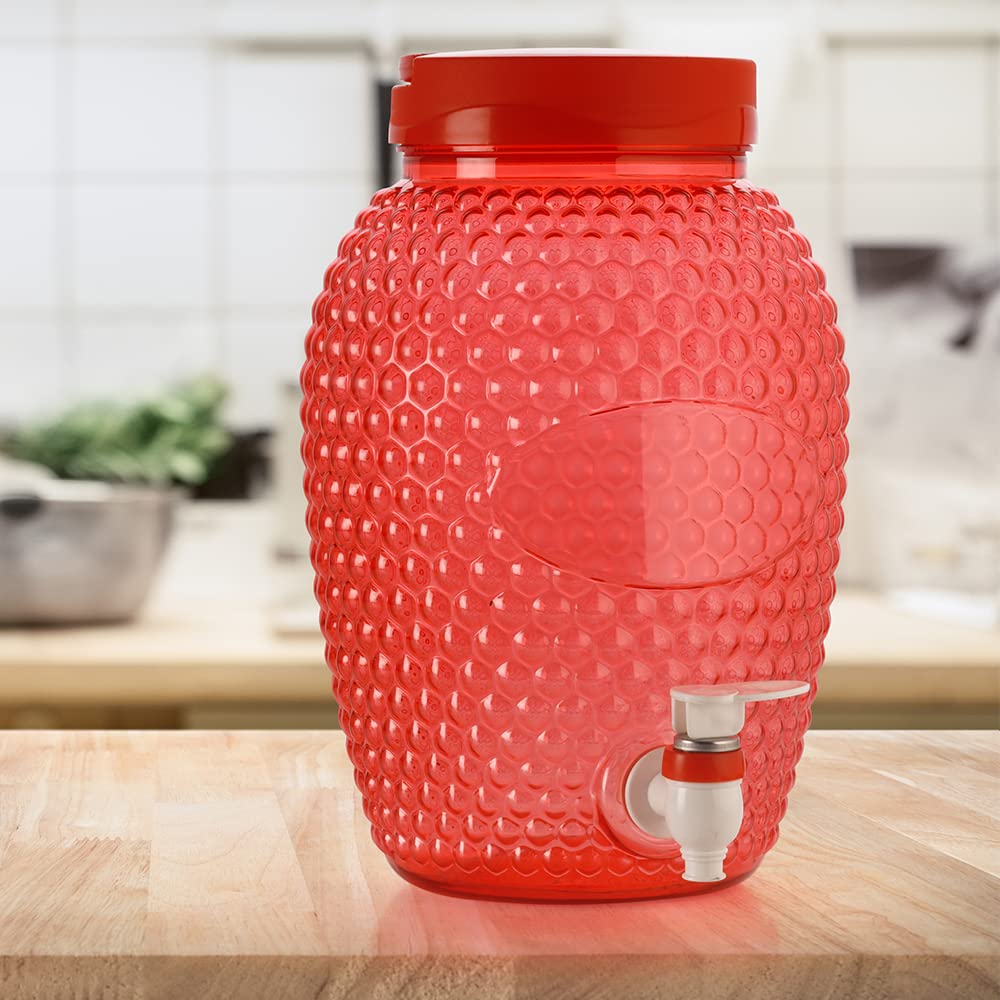 Oliveware Boom Jug | Red | 4000 ML Capacity | with a Set of 4 Glasses | BPA Free Premium Range | for Fridge - Home & Office