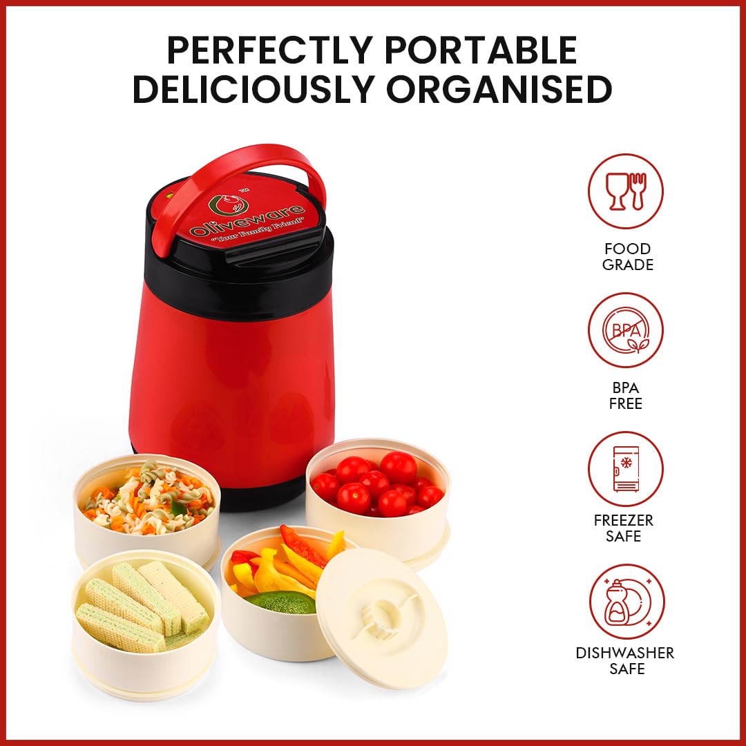 Oliveware Jumbo Lunch Box - 4 Containers | Full Set Office Use | Insulated Body | Leak Proof | Full Meal & Easy to Carry - Red