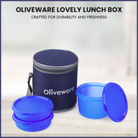 oliveware Lovely Little Plastic Lunch Box, Microwave Safe & Leak Proof, Food Grade BPA Free 3 Containers (290ml, 290ml, 600ml), Fabric Bag - Blue