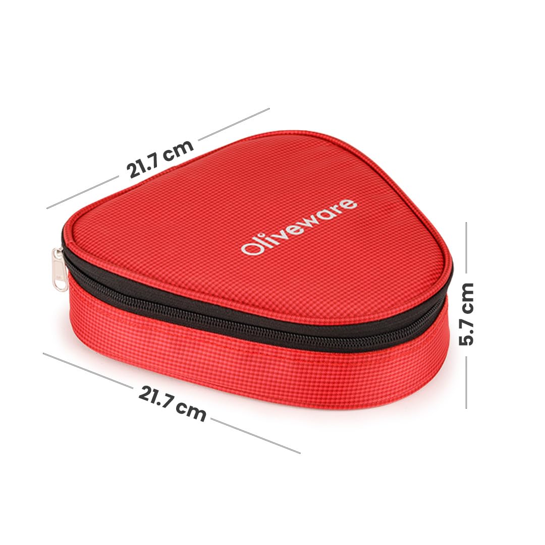 oliveware Freshy Lunch Box, Leak Proof, 3 Stainless Steel Containers with BPA Free Lid (300ml) Each, Fabric Bag - Red