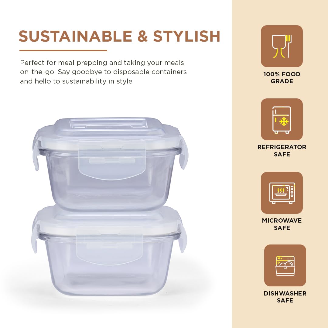 Oliveware Food Storage Container| Set of 2 | Square Containers| 320ml each|Air-Tight Fridge Organizer Case|BPA-Free Locking Lids |Microwave & Freezer Safe |Leak Proof Food Storage Meal Prep Containers