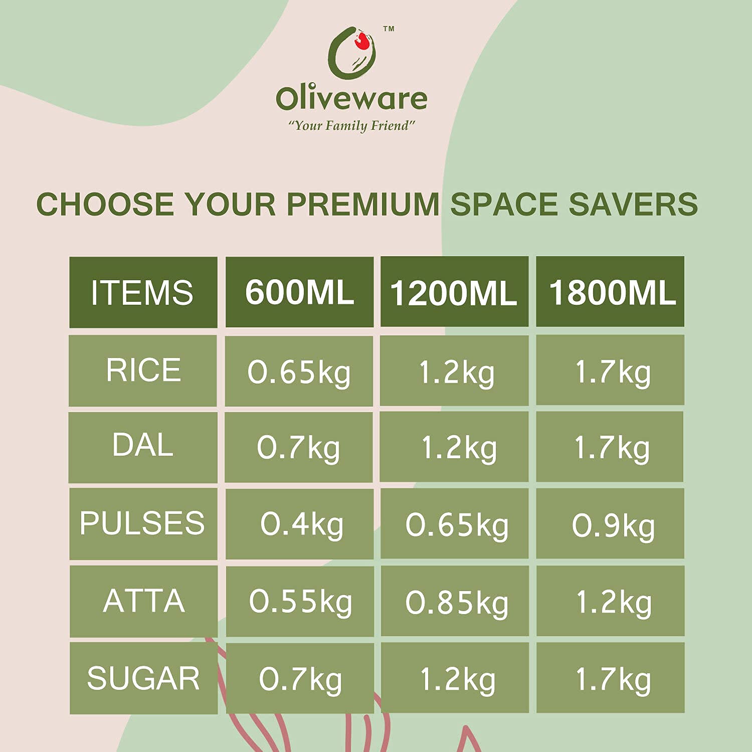 oliveware Modular Storage Containers, BPA Free, For Pulses, Rice, Dal, Atta, Flour, Set of 8 (6x600ml + 2x180ml) - Red