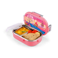 Oliveware Snacky Kids Lunch Box, Stainless Steel in 700ml Include Sabzi Container(180ml) & Steel Spoon, Food Grade BPA Free, Leak Proof & Colourful Designs (Pink)