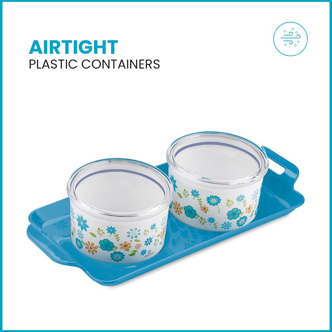 oliveware Blossom Dry Fruit Container Tray with Airtight Lid, BPA Free, For Snacks & Dry Fruits, 2 Containers (350ml) each - Blue
