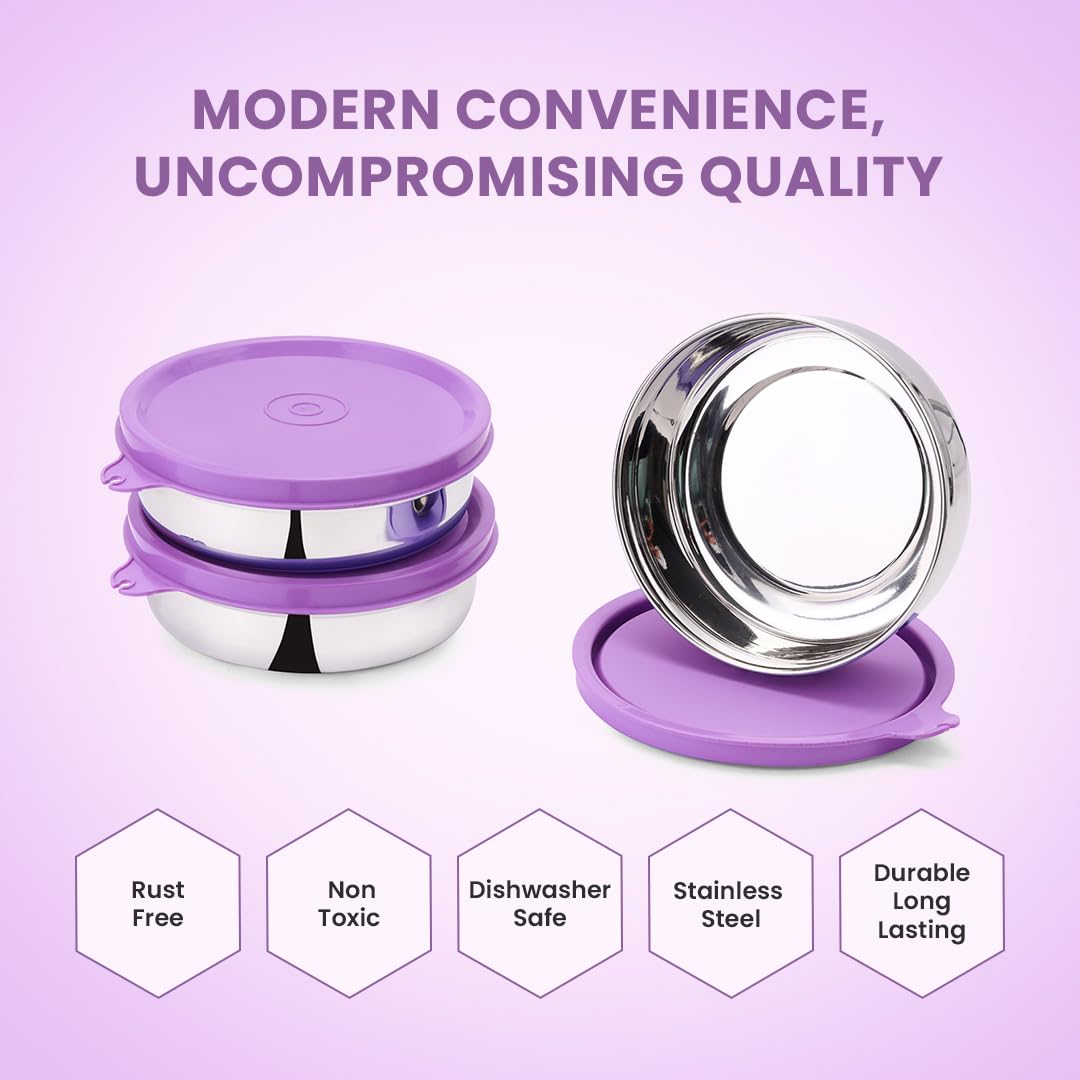 SOPL-OLIVEWARE Magic Storage Container, 100% Leak Proof & BPA Free Lid, Dishwasher Safe, 3 Stainless Steel Containers with 300 ml Each - Voilet
