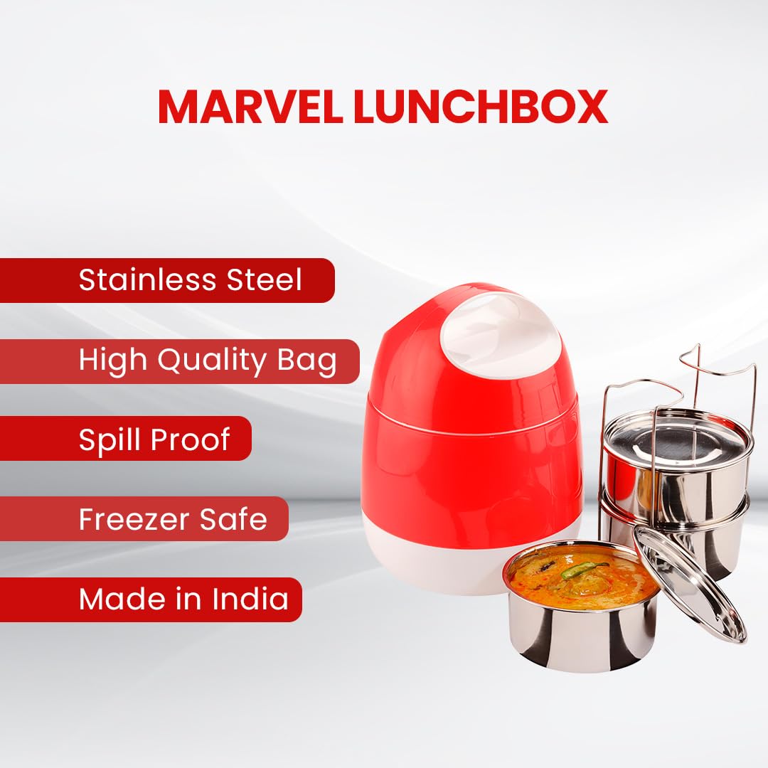 oliveware SOPL (Logo) with Device Marvel Lunch Box with Insulated Box, 3 Stainless Steel Containers 300ml Each, Leak Proof & Sturdy - Cherry