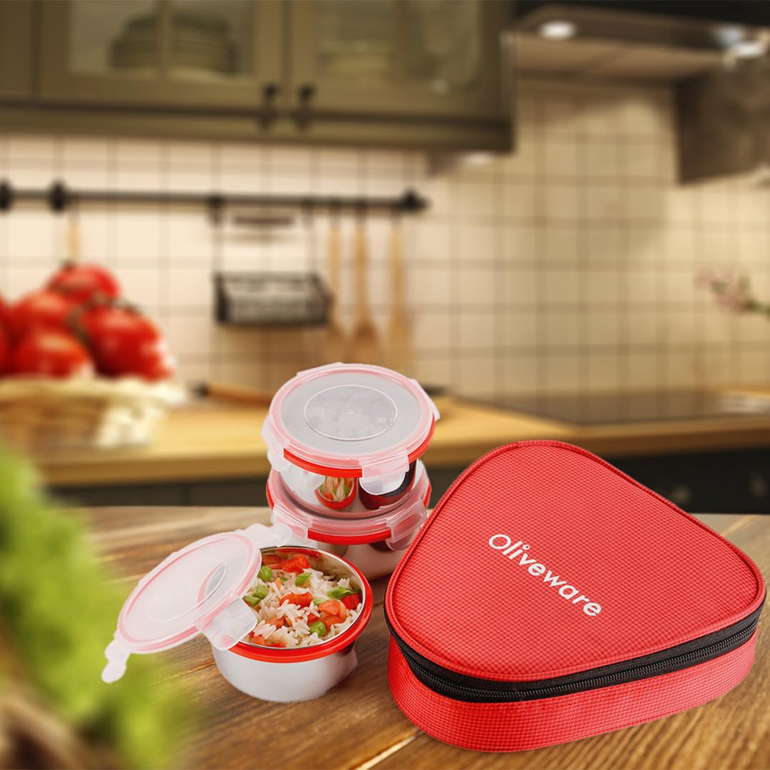 oliveware Freshy Lunch Box, Leak Proof, 3 Stainless Steel Containers with BPA Free Lid (300ml) Each, Fabric Bag - Red
