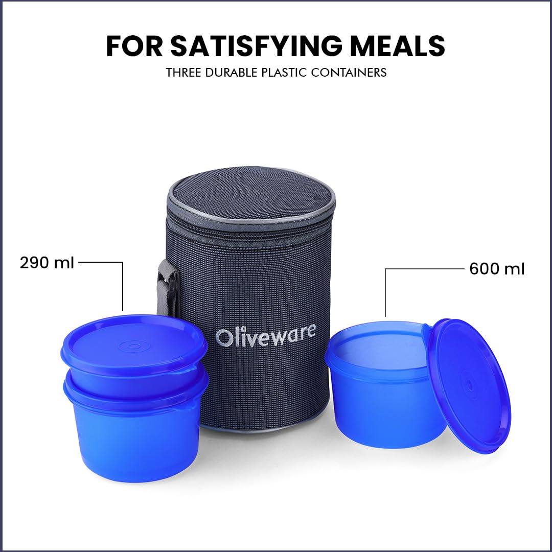 oliveware Easy Meal Plastic Lunch Box with Insulated Fabric Bag, BPA Free & Leak Proof, Set of 3 (290ml, 600ml, 600ml), Full Meal - Blue
