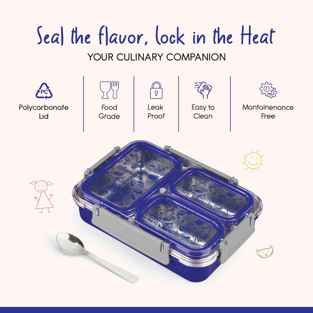 Oliveware Bento Box 3 Lunch Box | with 3 dividers | Steel Spoon | Stainless Steel | Dishwasher & Freezer Safe