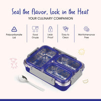 Oliveware Bento Master 3 Lunch Box | with 3 dividers | Steel Spoon | Stainless Steel | Dishwasher & Freezer Safe