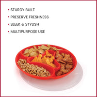 oliveware Majestic Snaks & Dry Fruit Candy Tray with Airtight Lid, BPA Free Plastic, 4 compartments (4x300 ml), Store & Serve - Red