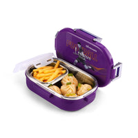 Oliveware Snacky Kids Lunch Box, Stainless Steel in 700ml Include Sabzi Container(180ml) & Steel Spoon, Food Grade BPA Free, Leak Proof & Colourful Designs (Voilet)