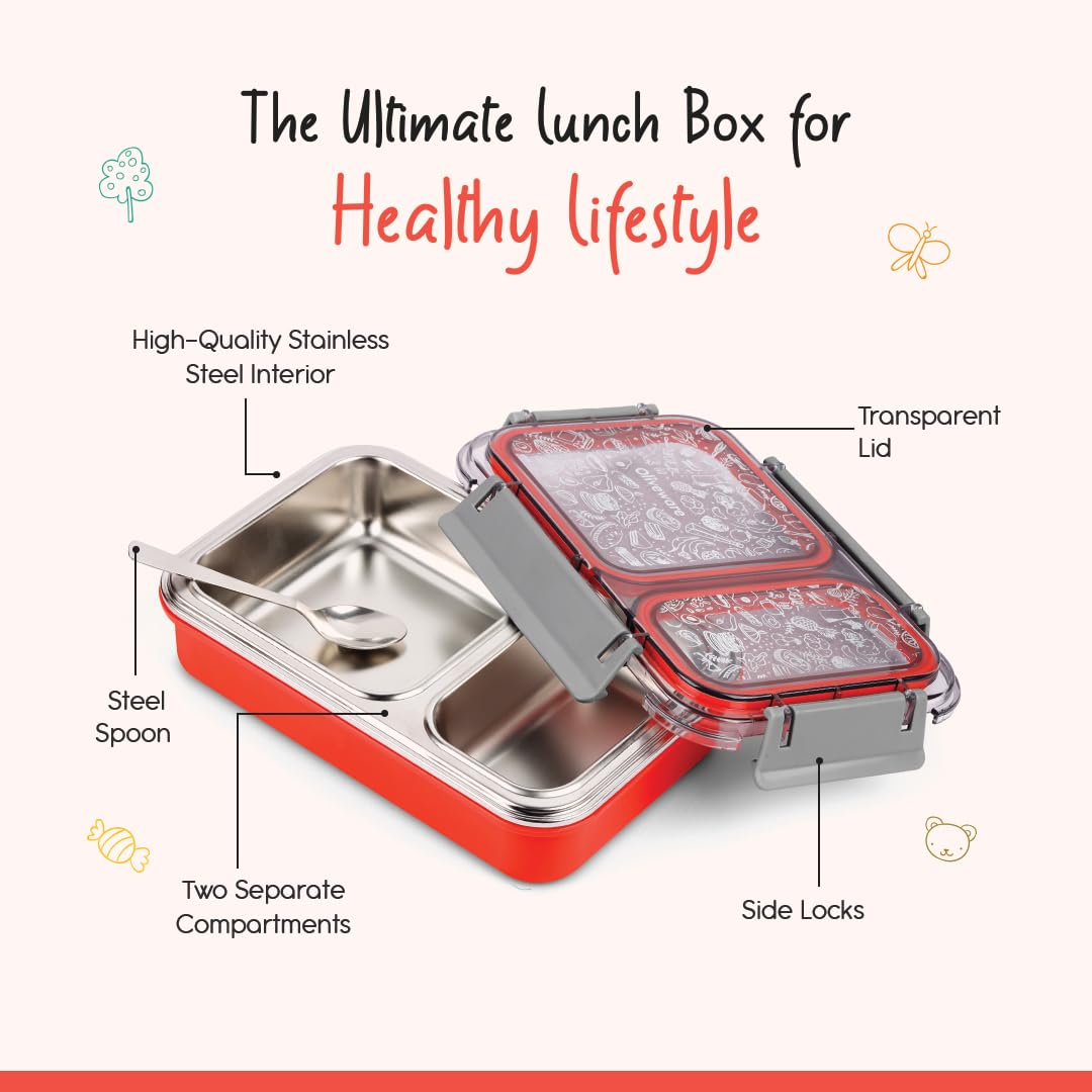 Oliveware Bento Master 2 Lunch Box | with 2 dividers | Steel Spoon | Stainless Steel | Dishwasher & Freezer Safe (Bento 2, Orange)