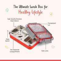 Oliveware Bento Master 2 Lunch Box | with 2 dividers | Steel Spoon | Stainless Steel | Dishwasher & Freezer Safe (Bento 2, Orange)