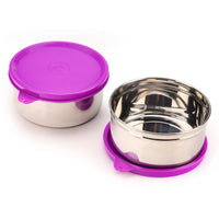 oliveware Magic Storage Containers, 100% Leak Proof and Spill Proof, 2 Stainless Steel Containers with BPA Free Airtight Lid (450ml Each) - Voilet