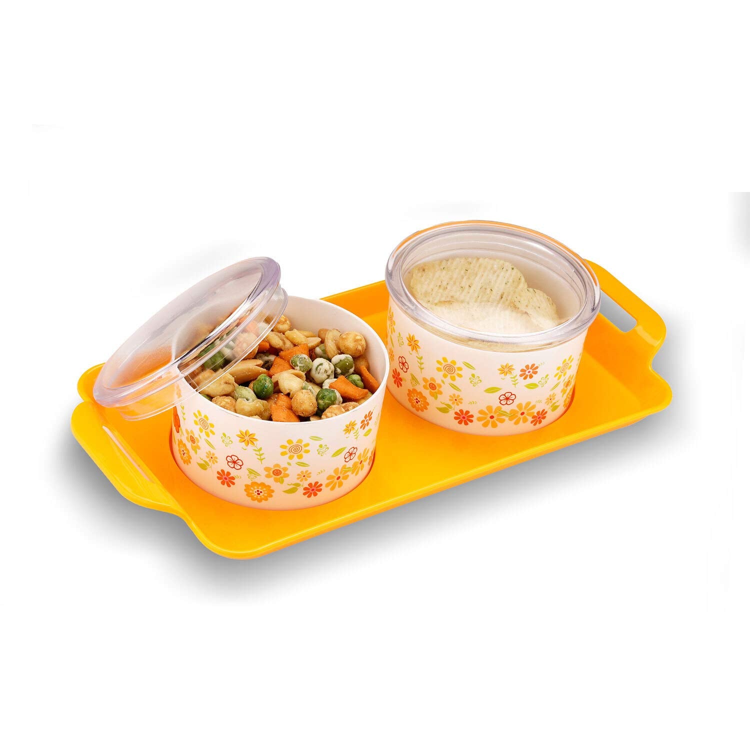 oliveware Blossom Dry Fruit Container Tray with Airtight Lid, BPA Free, For Snacks & Dry Fruits, 2 Containers (350ml) each - Yellow